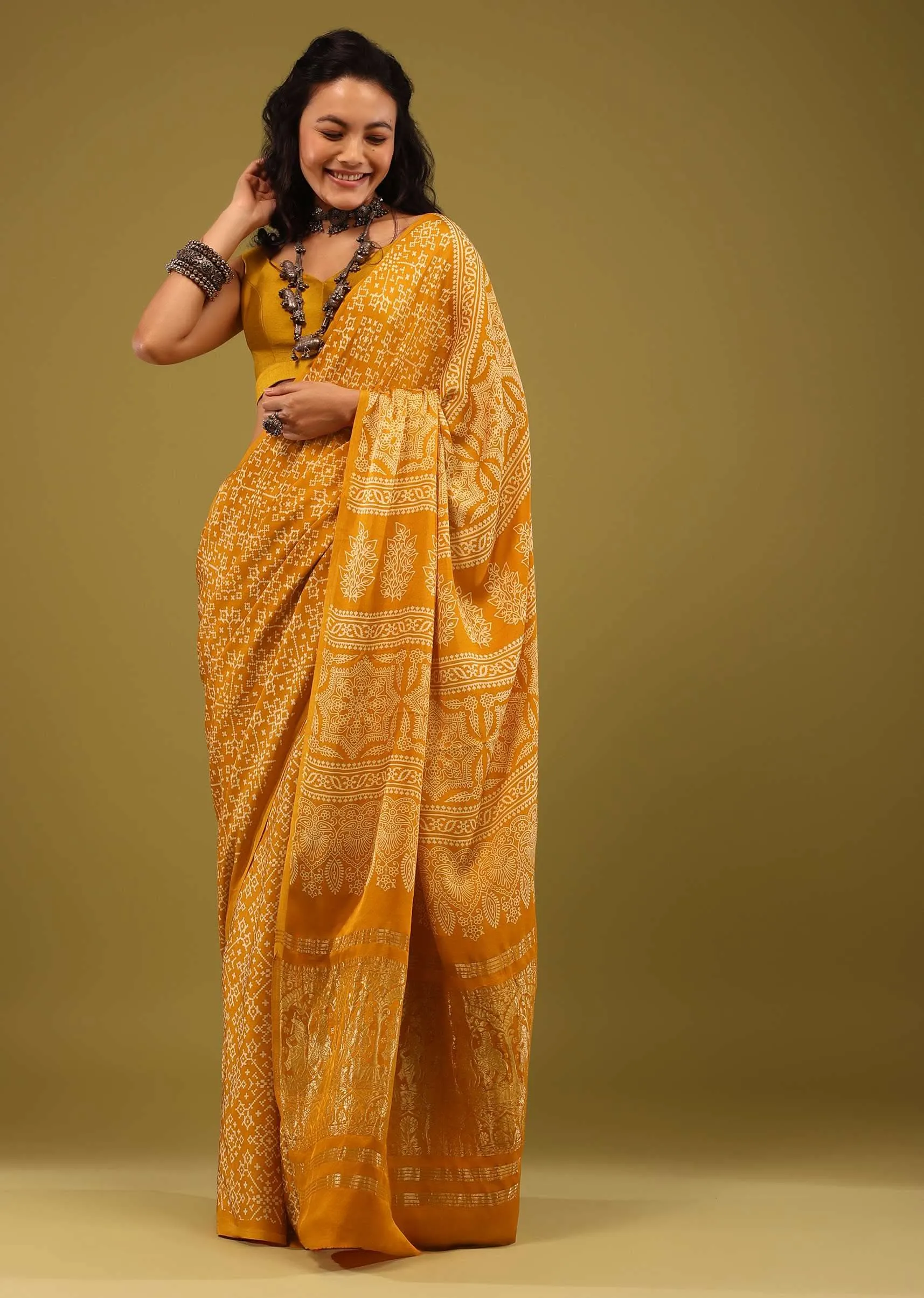 Amber Yellow Saree In Satin With Ajrakh Handblock Print And Brocade Work