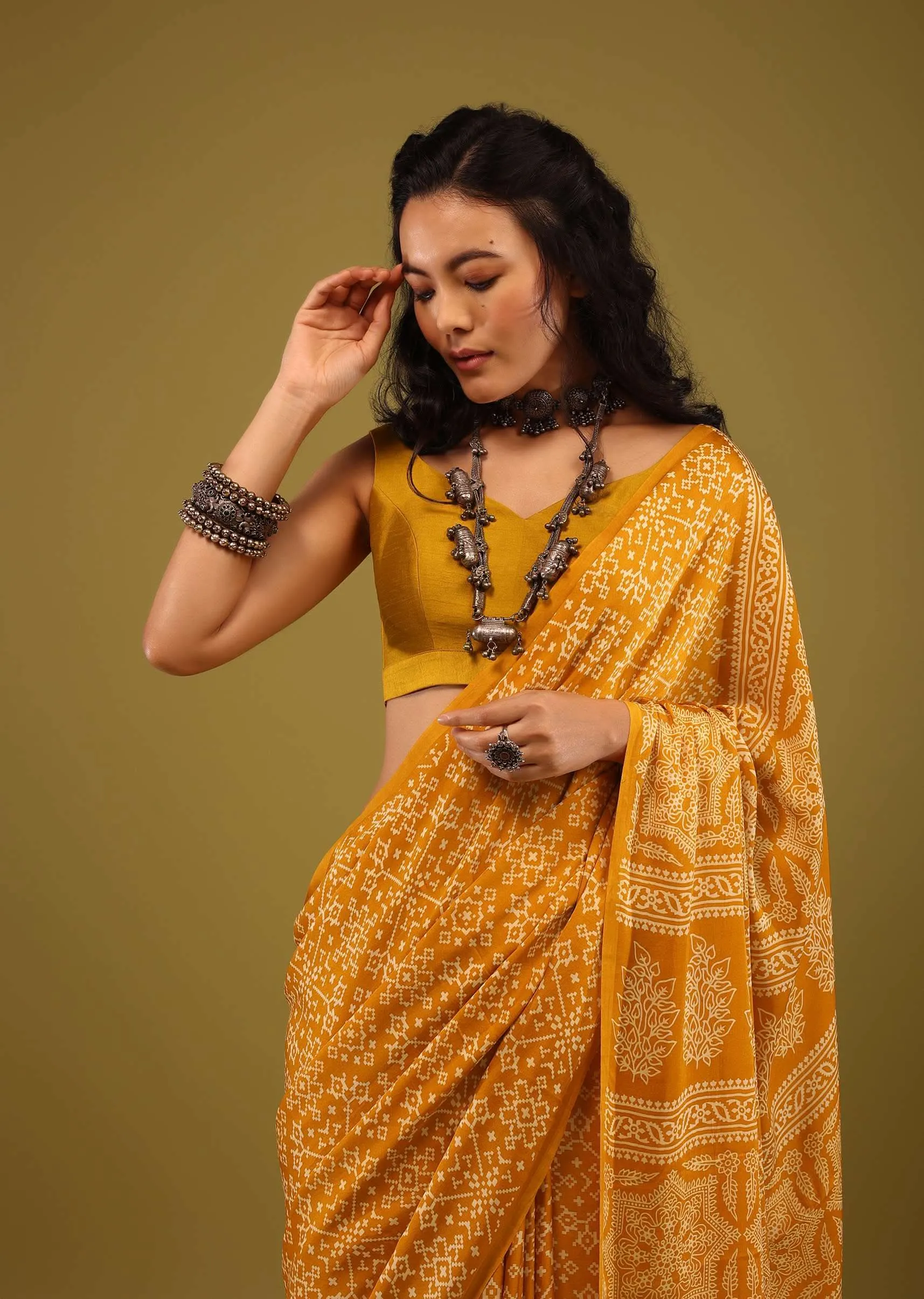 Amber Yellow Saree In Satin With Ajrakh Handblock Print And Brocade Work