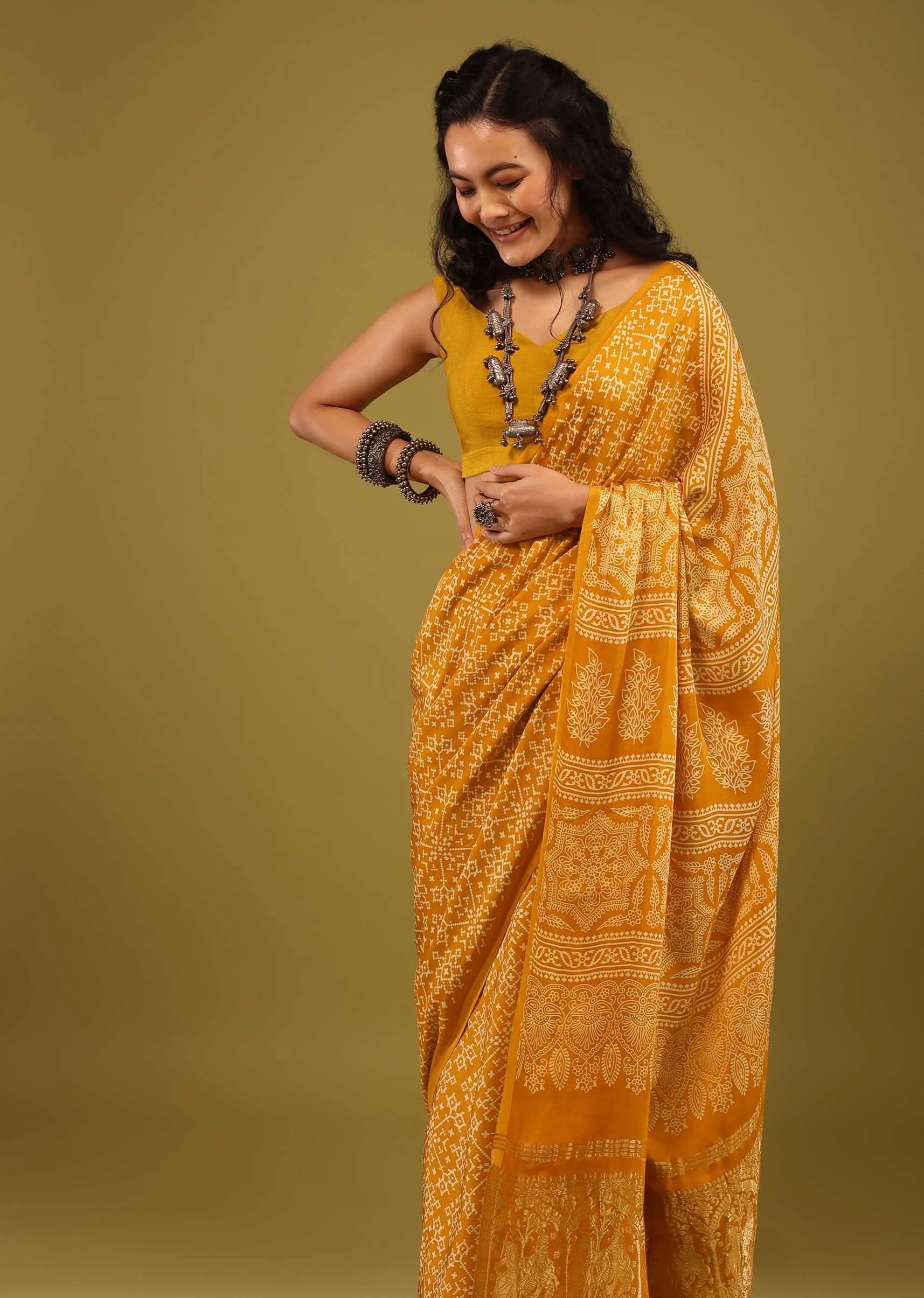 Amber Yellow Saree In Satin With Ajrakh Handblock Print And Brocade Work