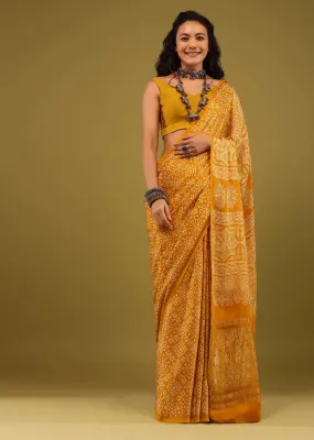 Amber Yellow Saree In Satin With Ajrakh Handblock Print And Brocade Work