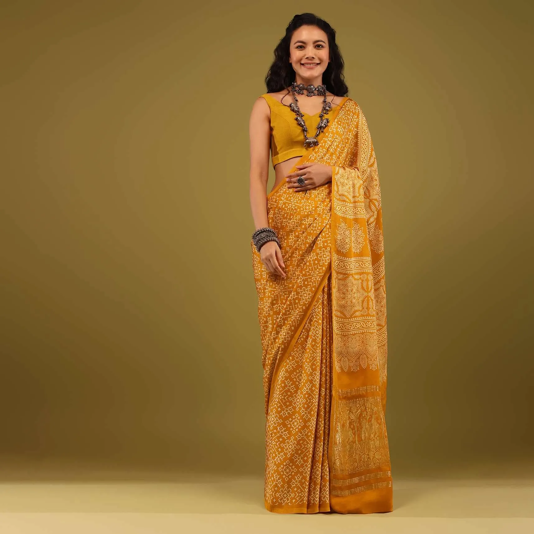 Amber Yellow Saree In Satin With Ajrakh Handblock Print And Brocade Work