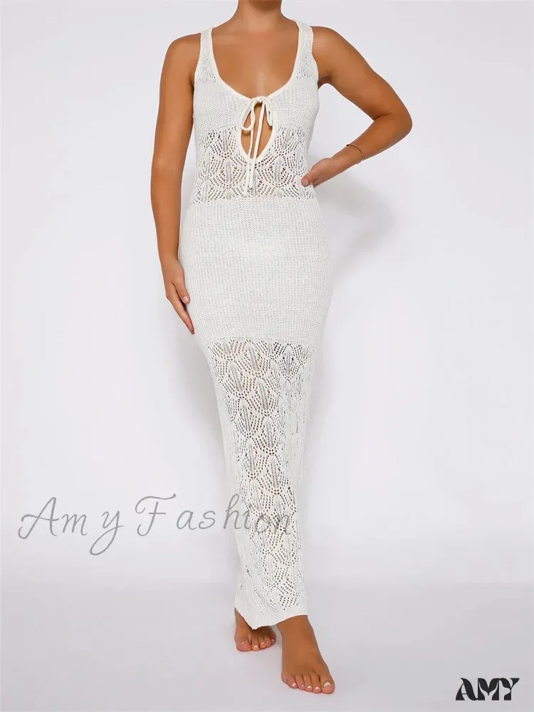 Amy Fashion - Women Crochet Knitted Hollow Out Backless  Spaghetti Strap Halter Lace-up  Beachwear Female Vestidos