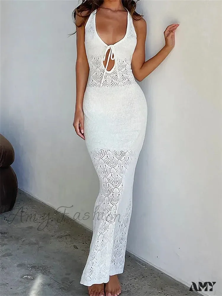 Amy Fashion - Women Crochet Knitted Hollow Out Backless  Spaghetti Strap Halter Lace-up  Beachwear Female Vestidos