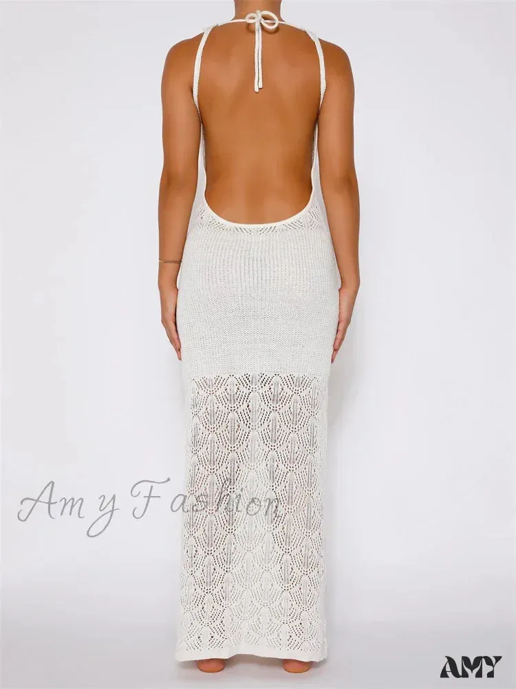 Amy Fashion - Women Crochet Knitted Hollow Out Backless  Spaghetti Strap Halter Lace-up  Beachwear Female Vestidos