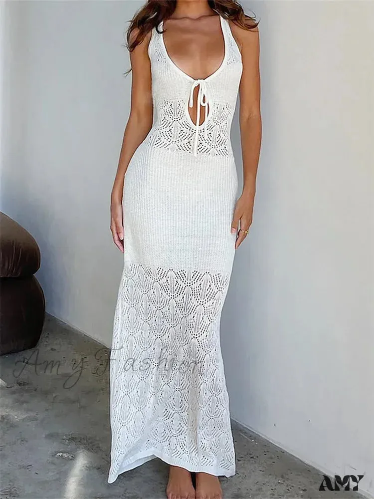 Amy Fashion - Women Crochet Knitted Hollow Out Backless  Spaghetti Strap Halter Lace-up  Beachwear Female Vestidos