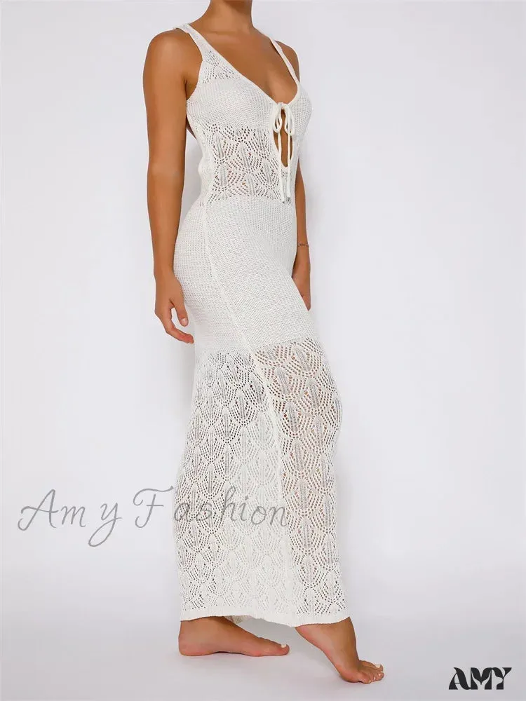 Amy Fashion - Women Crochet Knitted Hollow Out Backless  Spaghetti Strap Halter Lace-up  Beachwear Female Vestidos