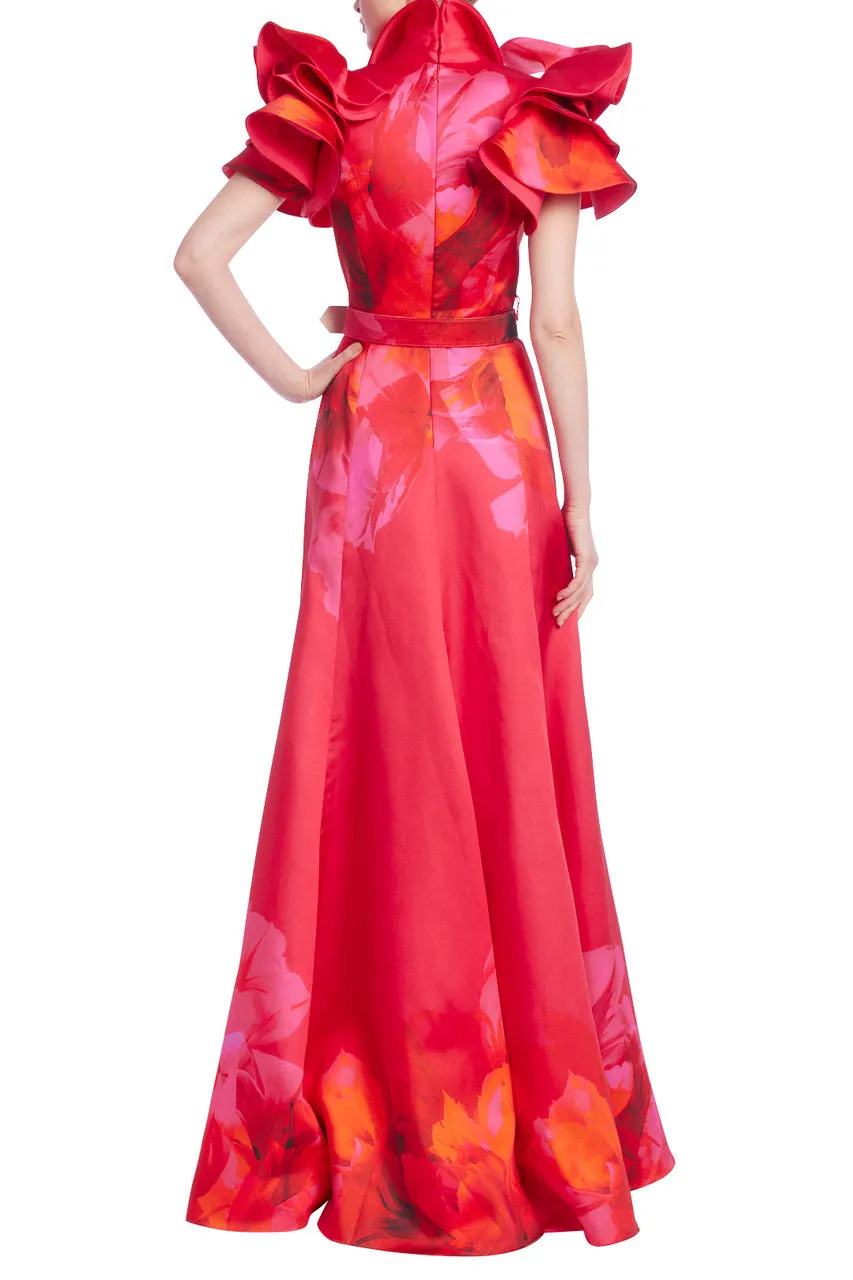 Badgley Mischka Collared V-Neck Floral Print Ruffle-Sleeved Taffeta Gown