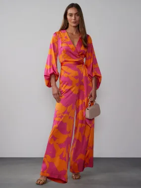 Balloon Sleeve Tropical Floral Satin Wrap Jumpsuit