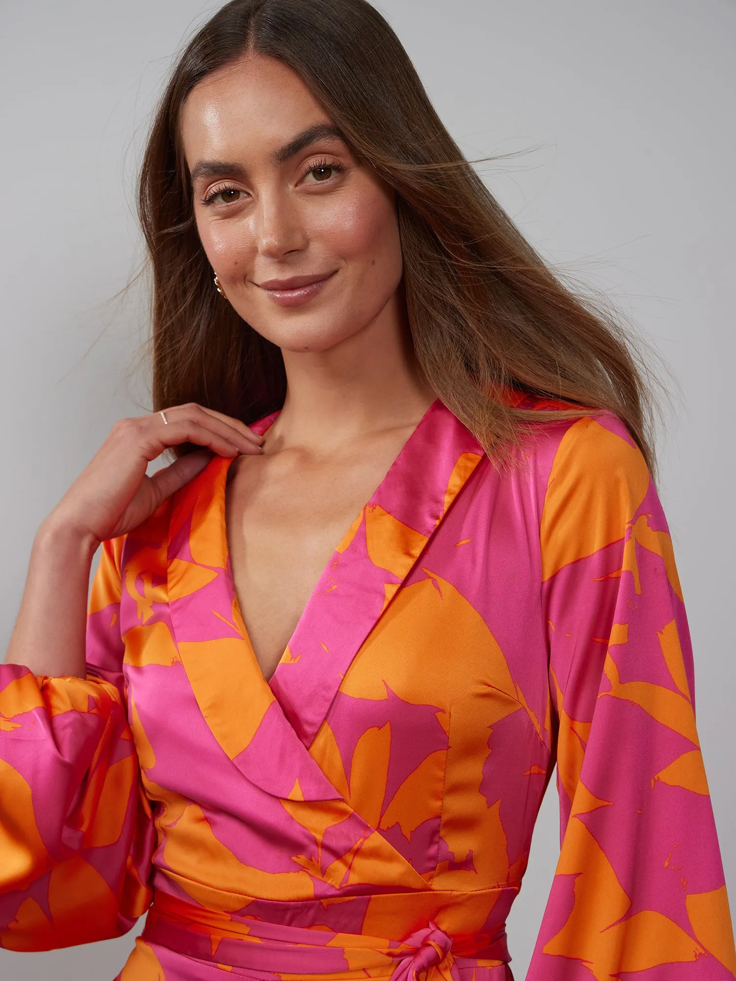 Balloon Sleeve Tropical Floral Satin Wrap Jumpsuit