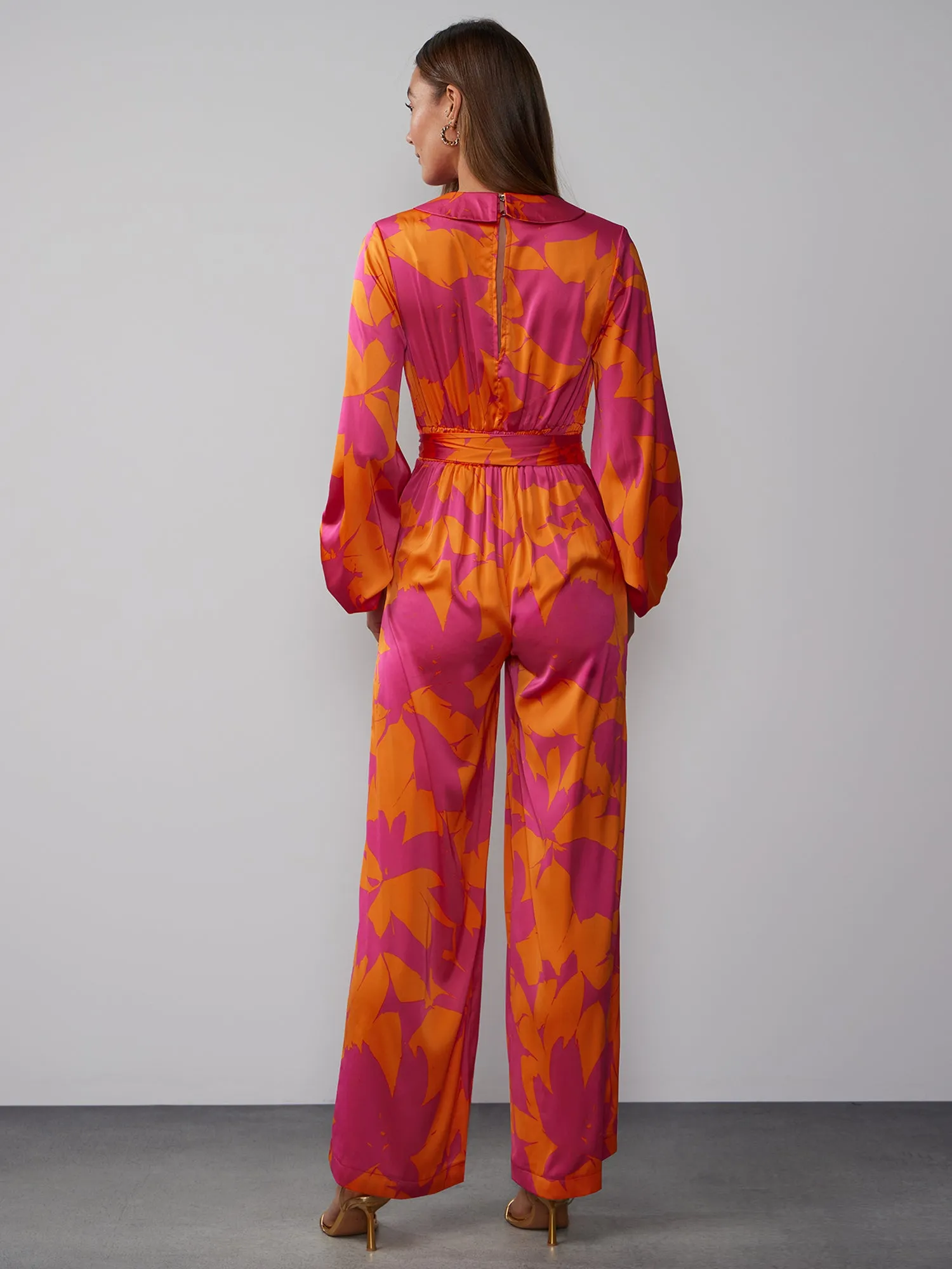 Balloon Sleeve Tropical Floral Satin Wrap Jumpsuit