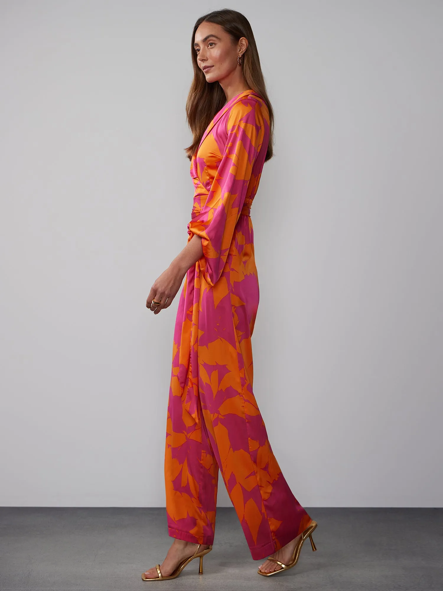 Balloon Sleeve Tropical Floral Satin Wrap Jumpsuit