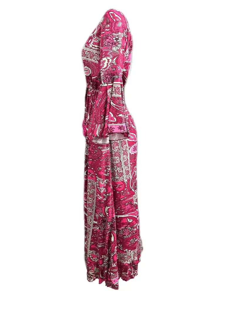 BerryBetty - Bohemian Pink Paisley Flowing Sleeves Maxi Dress