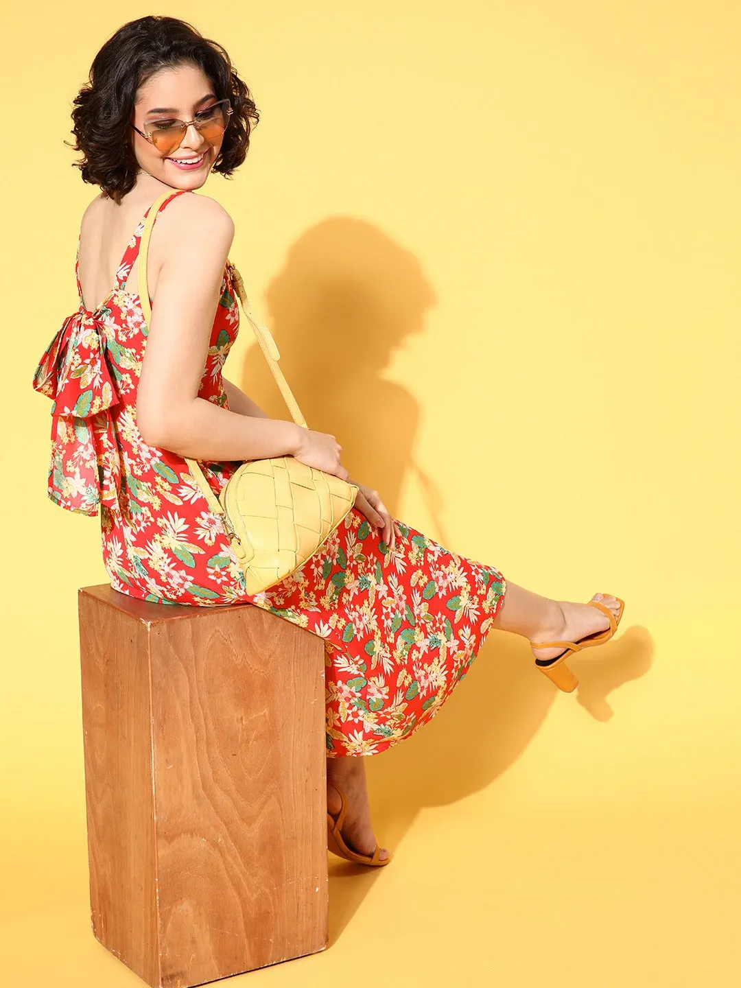 Berrylush Women Coral & Green Floral Printed Square Neck Tie-Up Back Flared A-Line Midi Dress