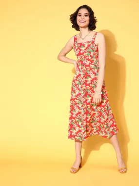 Berrylush Women Coral & Green Floral Printed Square Neck Tie-Up Back Flared A-Line Midi Dress