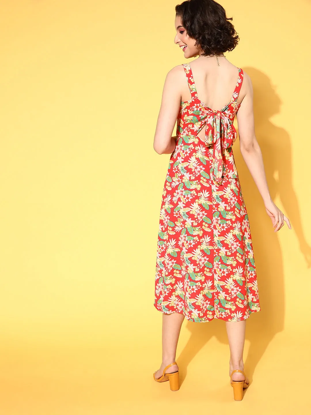 Berrylush Women Coral & Green Floral Printed Square Neck Tie-Up Back Flared A-Line Midi Dress
