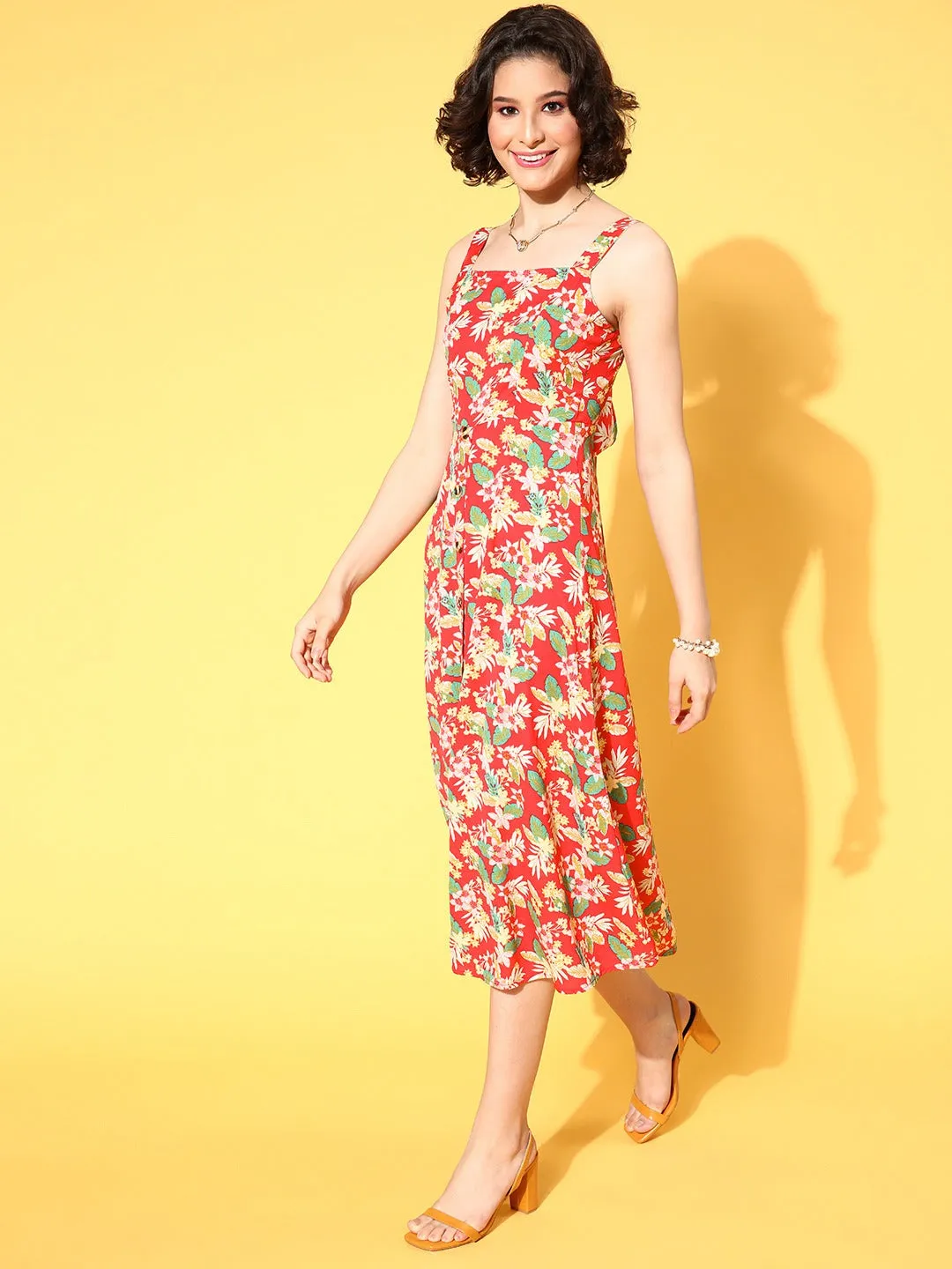 Berrylush Women Coral & Green Floral Printed Square Neck Tie-Up Back Flared A-Line Midi Dress