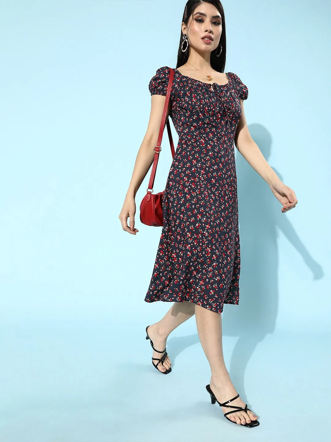 Berrylush Women Navy Blue Ditsy Floral Printed A-Line Flared Midi Dress