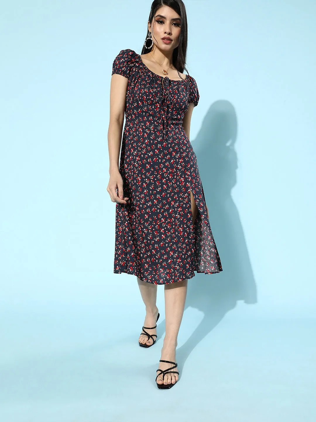 Berrylush Women Navy Blue Ditsy Floral Printed A-Line Flared Midi Dress