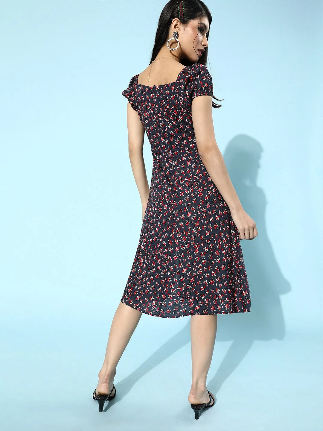 Berrylush Women Navy Blue Ditsy Floral Printed A-Line Flared Midi Dress