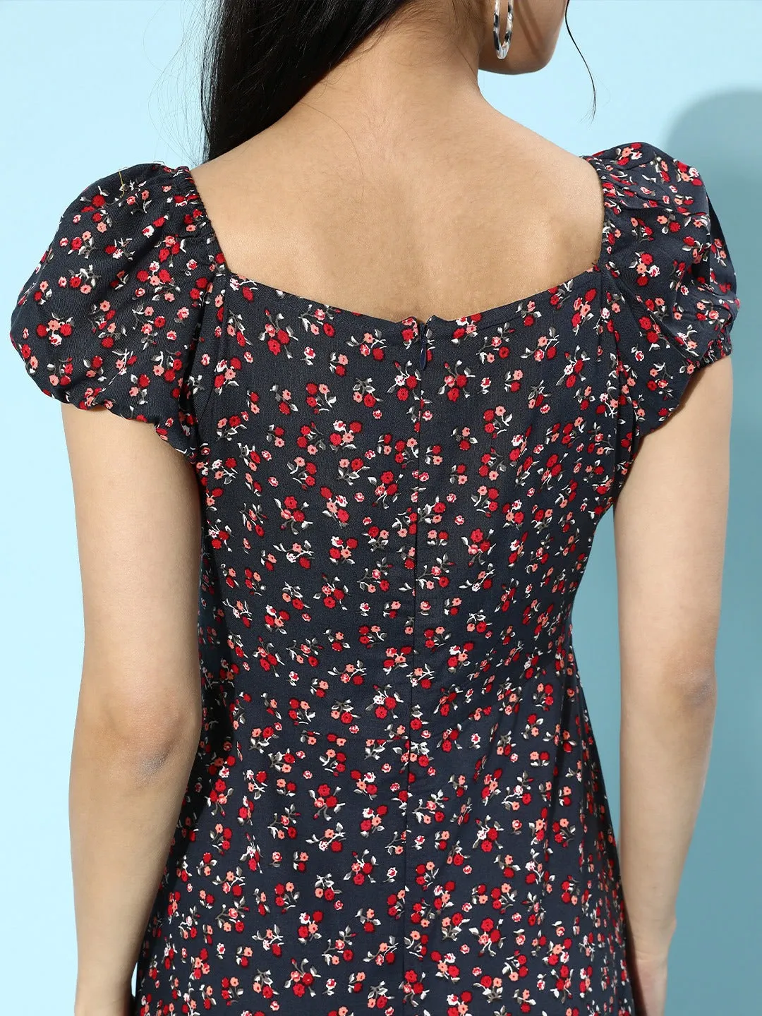 Berrylush Women Navy Blue Ditsy Floral Printed A-Line Flared Midi Dress
