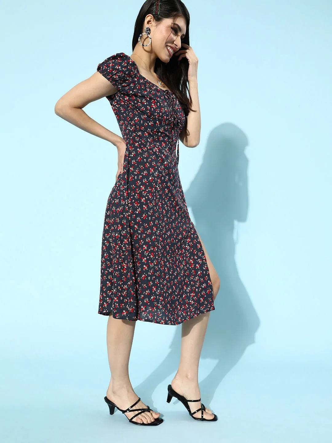 Berrylush Women Navy Blue Ditsy Floral Printed A-Line Flared Midi Dress