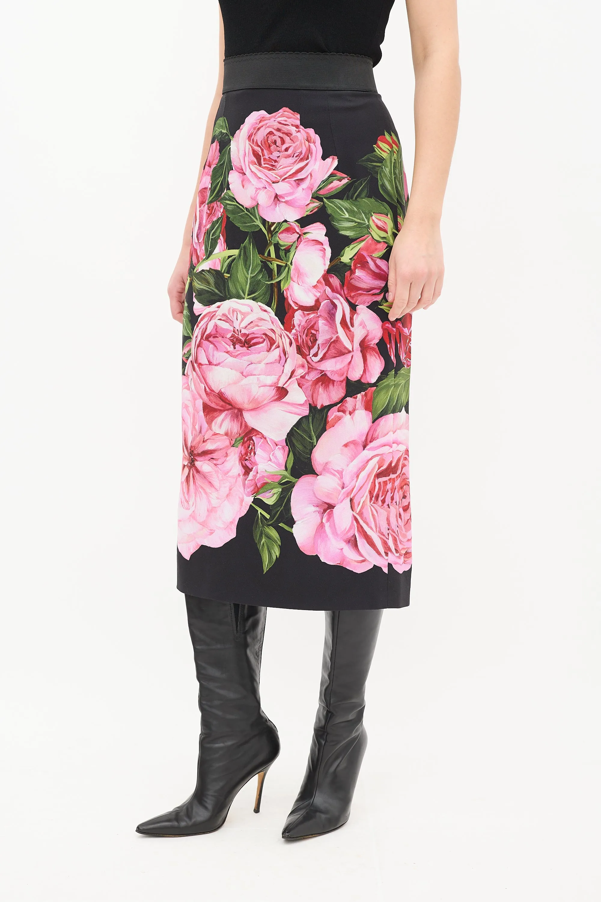 Black & Multi Satin Floral Midi Skirt