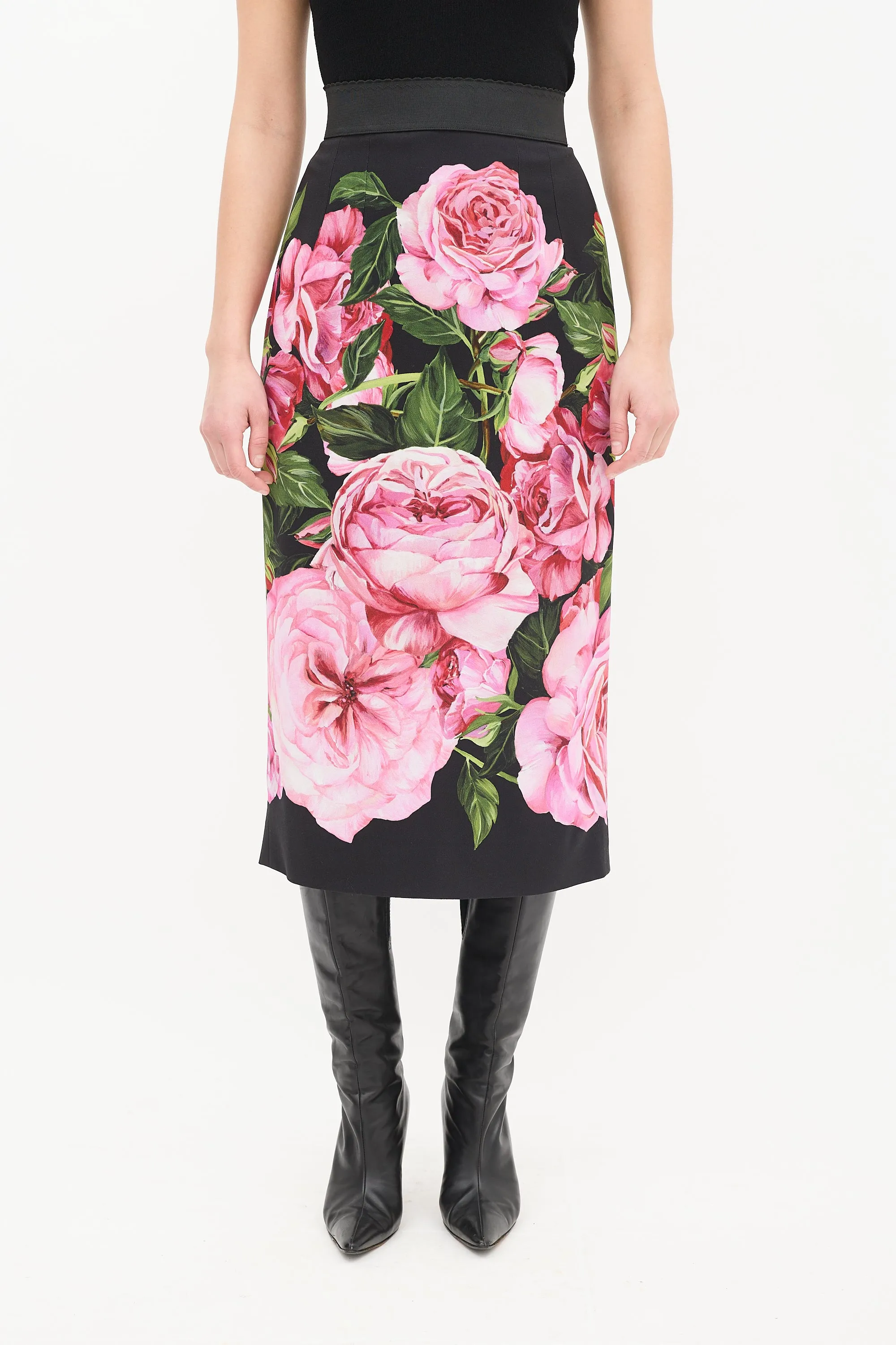 Black & Multi Satin Floral Midi Skirt