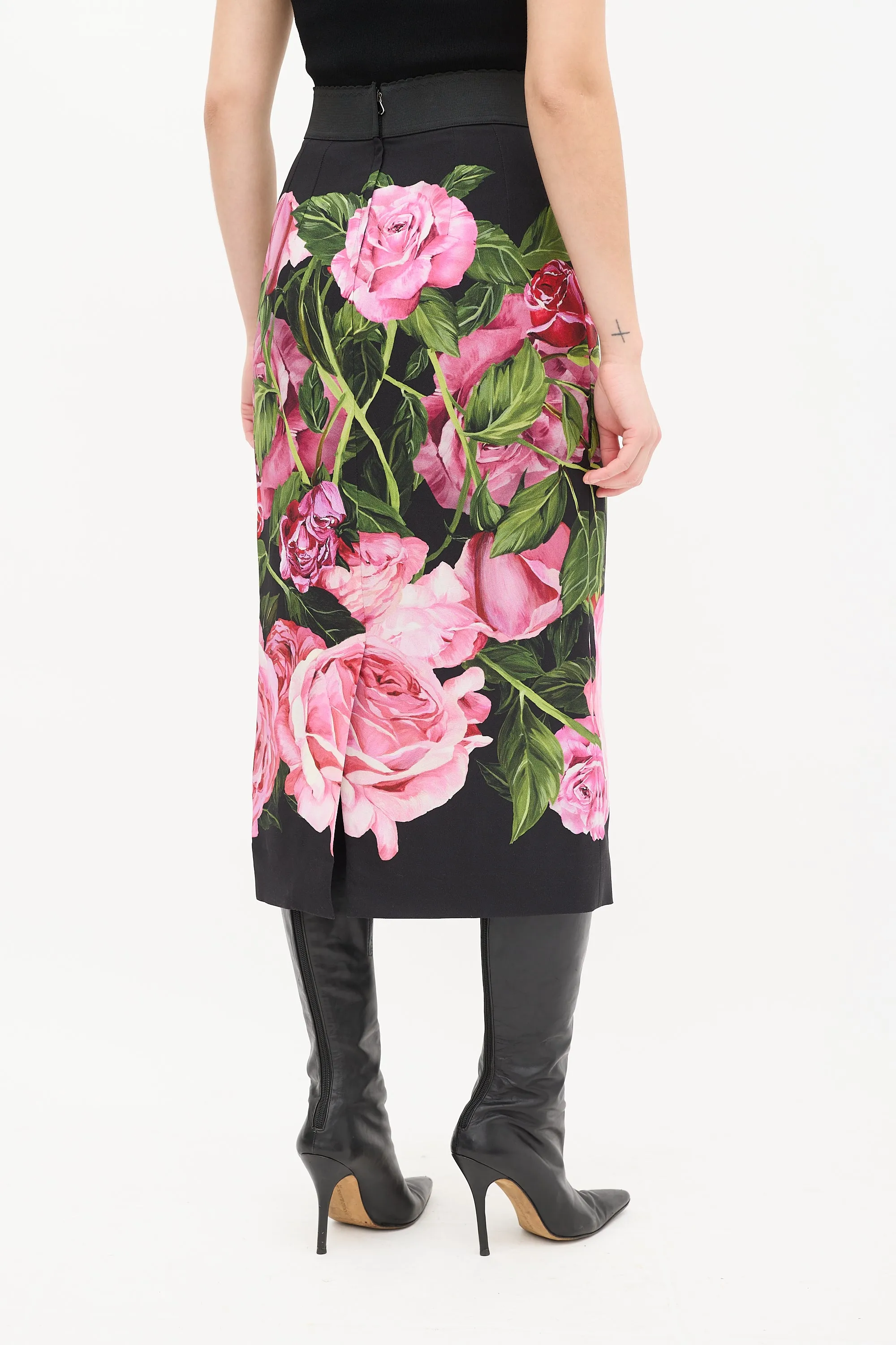 Black & Multi Satin Floral Midi Skirt