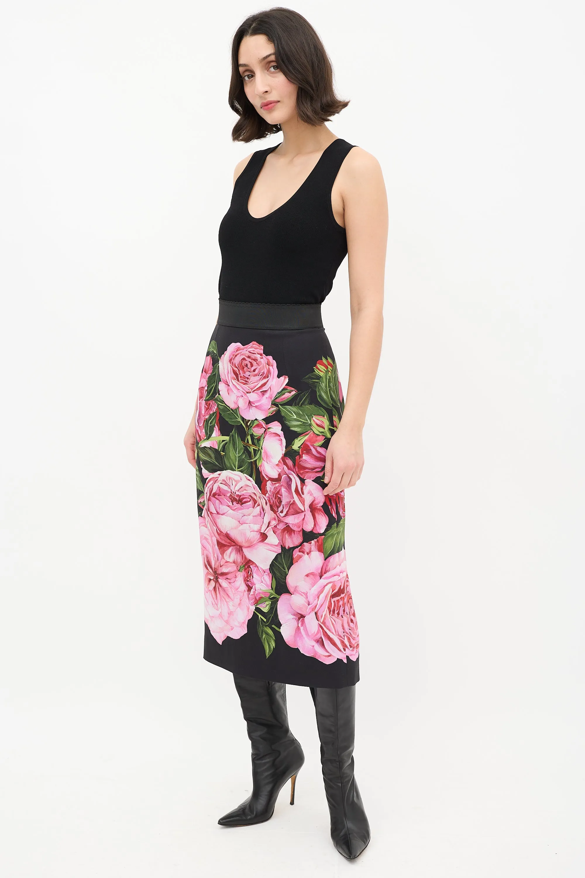 Black & Multi Satin Floral Midi Skirt
