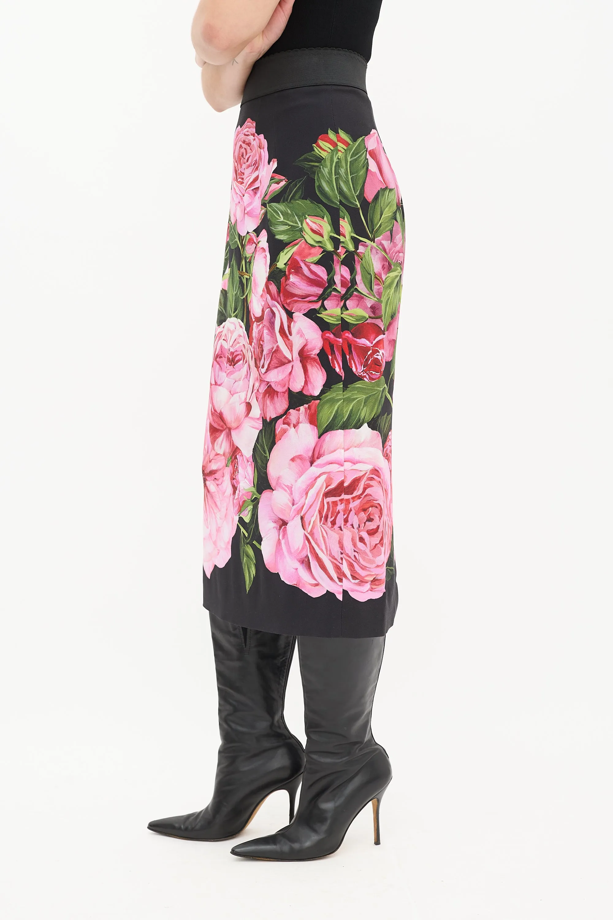 Black & Multi Satin Floral Midi Skirt
