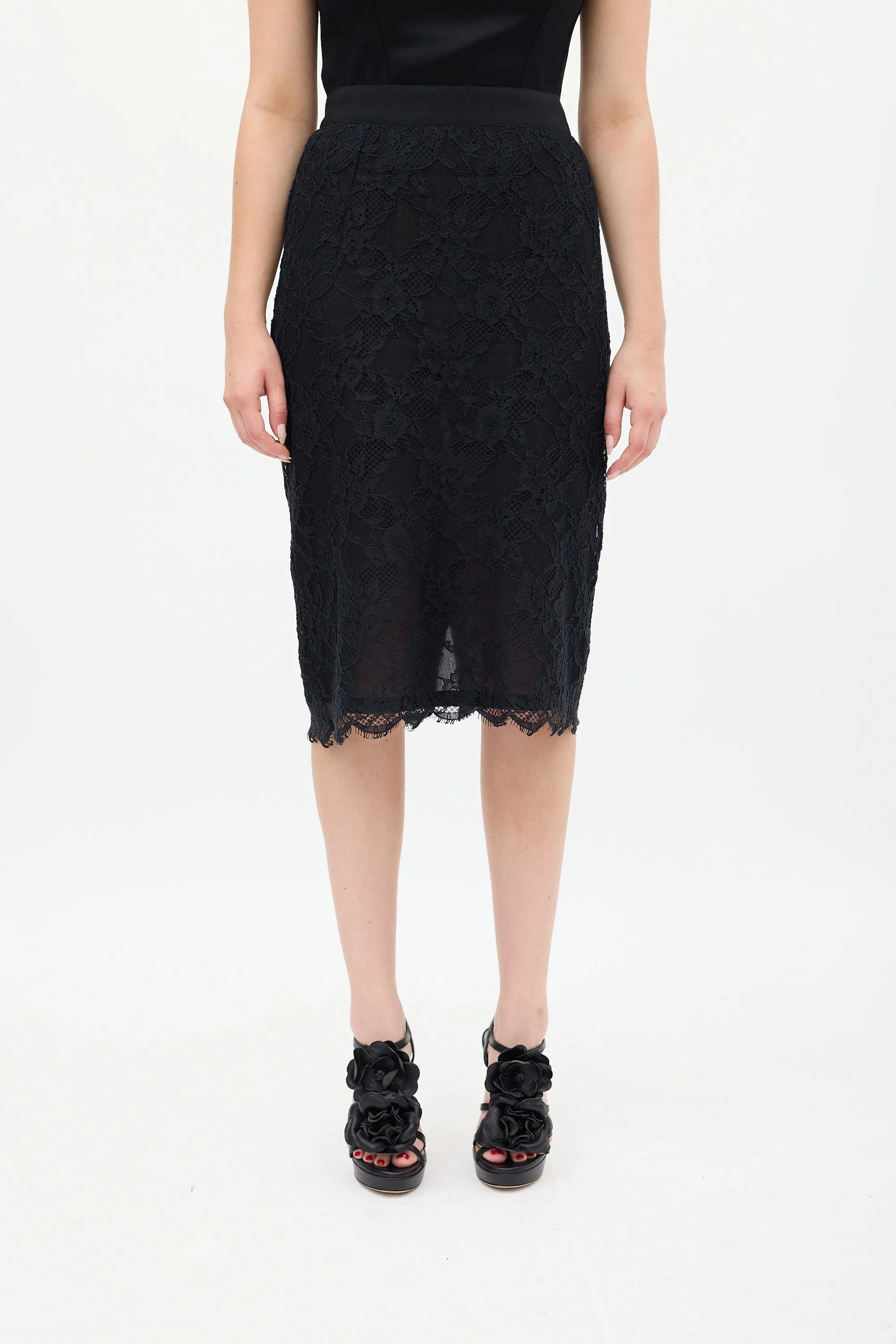 Black Lace Overlay Midi Skirt