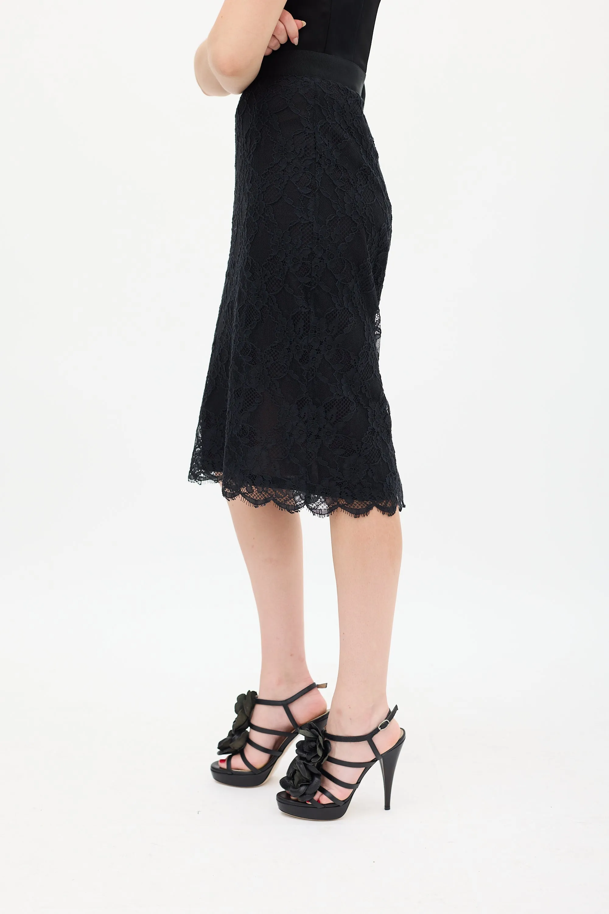 Black Lace Overlay Midi Skirt