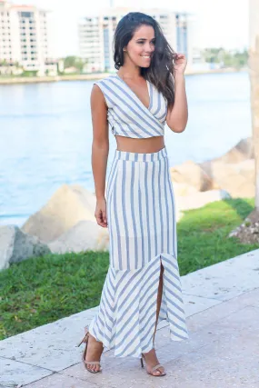 Blue Striped Crop Top and Skirt Set