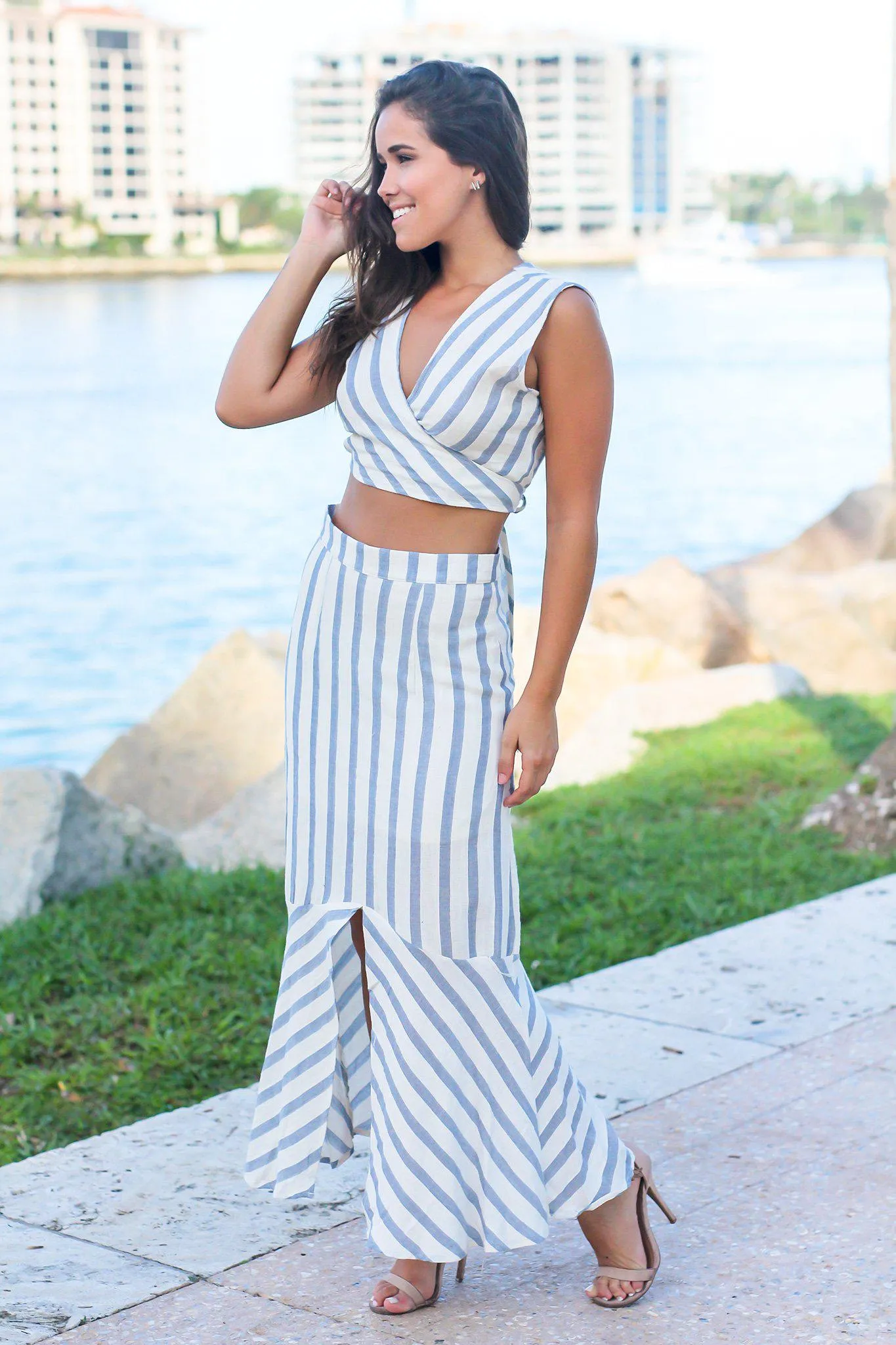 Blue Striped Crop Top and Skirt Set