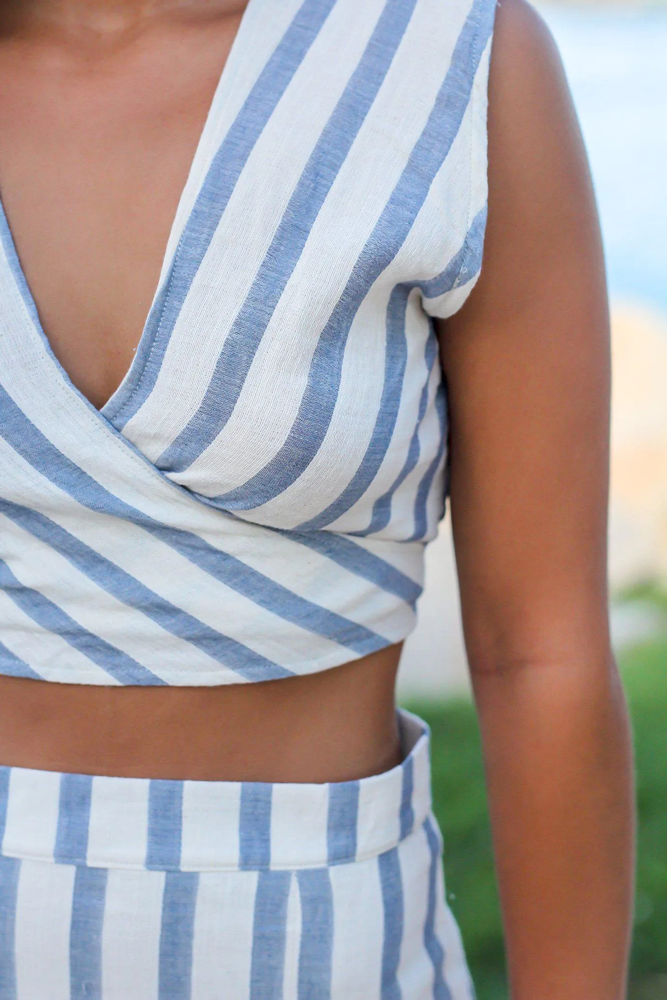 Blue Striped Crop Top and Skirt Set