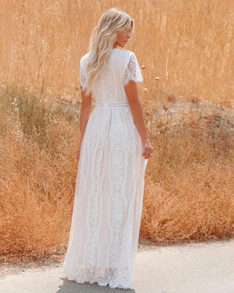 Bohemian Maxi Embroidery White Lace long Tunic Beach Dress