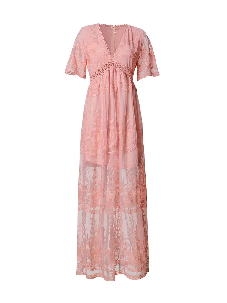 Bohemian Maxi Embroidery White Lace long Tunic Beach Dress