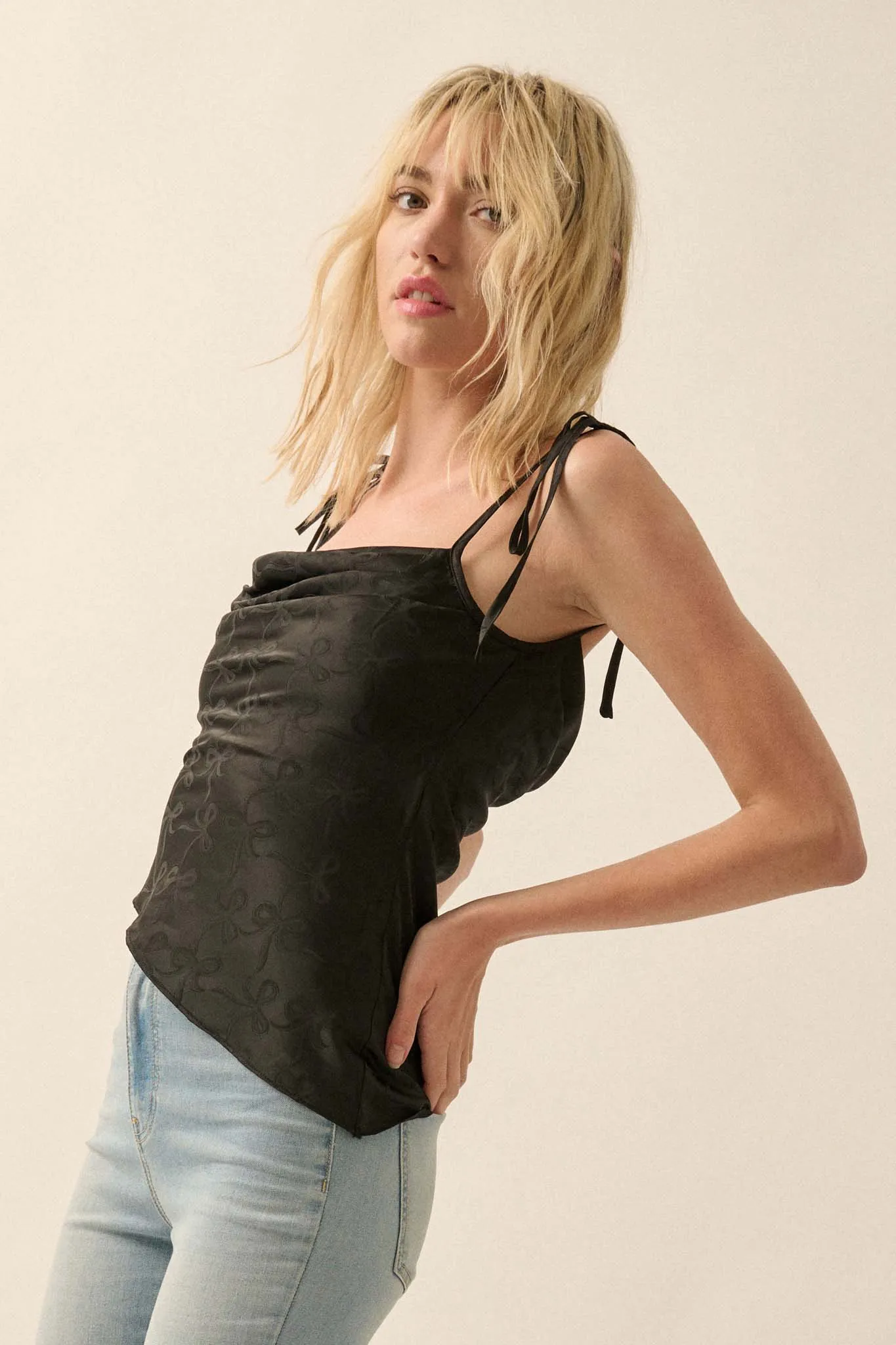 Bow Down Satin Jacquard Asymmetrical Cami Top