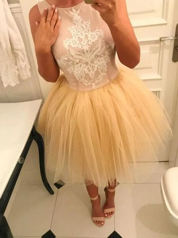 Bridelily A-Line Sleeveless Bateau Tulle With Applique Short/Mini Dresses