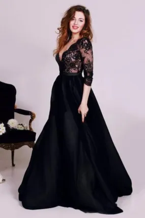 Bridelily Black Deep V-Neck Lace Formal Occasion Dress Gorgeous A-Line 3/4 Long Sleeve Evening Gown JT127