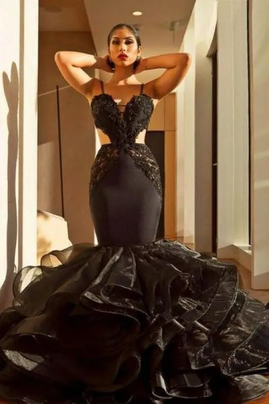 Bridelily Sexy Black 2019 Evening Dress | Lace Mermaid Ruffles Prom Dress