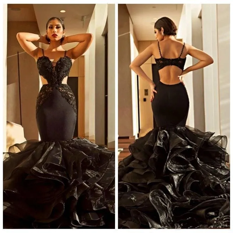 Bridelily Sexy Black 2019 Evening Dress | Lace Mermaid Ruffles Prom Dress