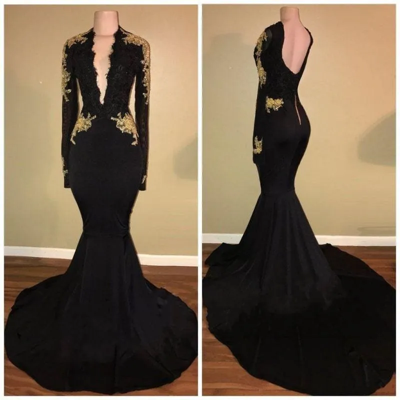 Bridelily Sexy Black and Gold Prom Dresses | Deep V-Neck Long Sleeves Evening Gowns