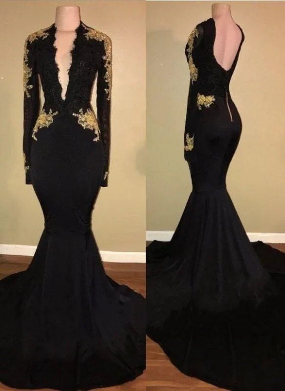 Bridelily Sexy Black and Gold Prom Dresses | Deep V-Neck Long Sleeves Evening Gowns