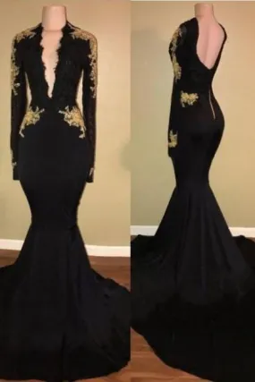 Bridelily Sexy Black and Gold Prom Dresses | Deep V-Neck Long Sleeves Evening Gowns