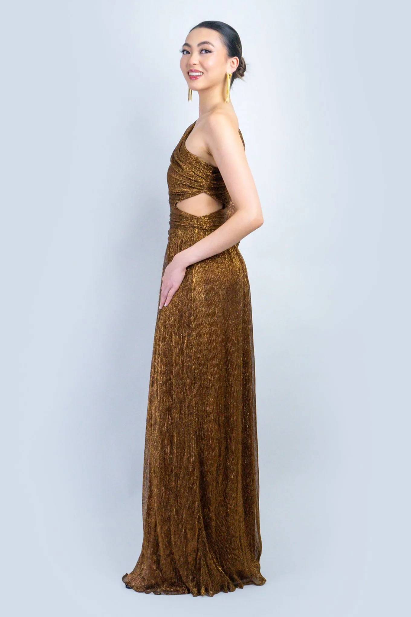 Bronze Lurex Asymmetric Cut Out Gown