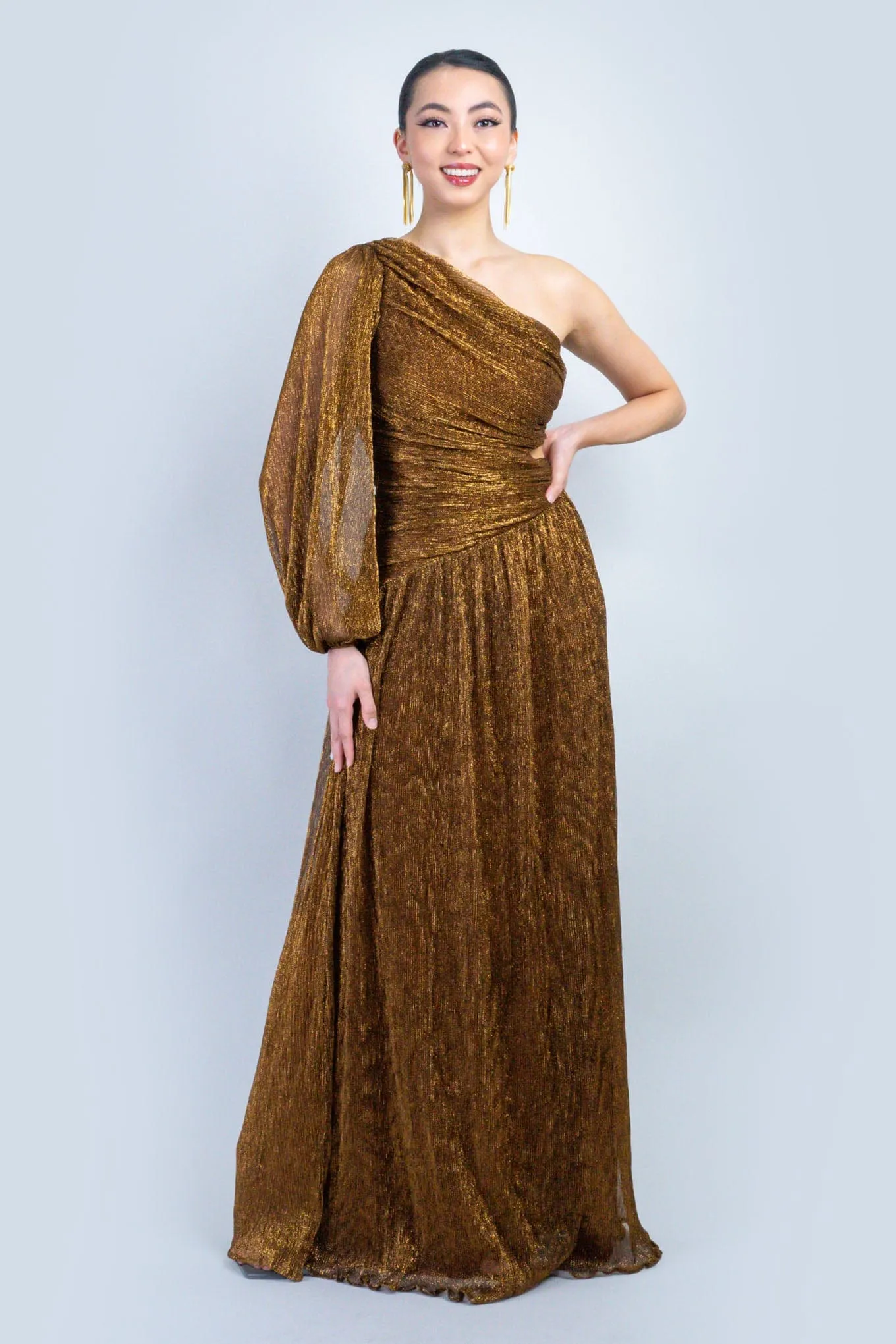 Bronze Lurex Asymmetric Cut Out Gown