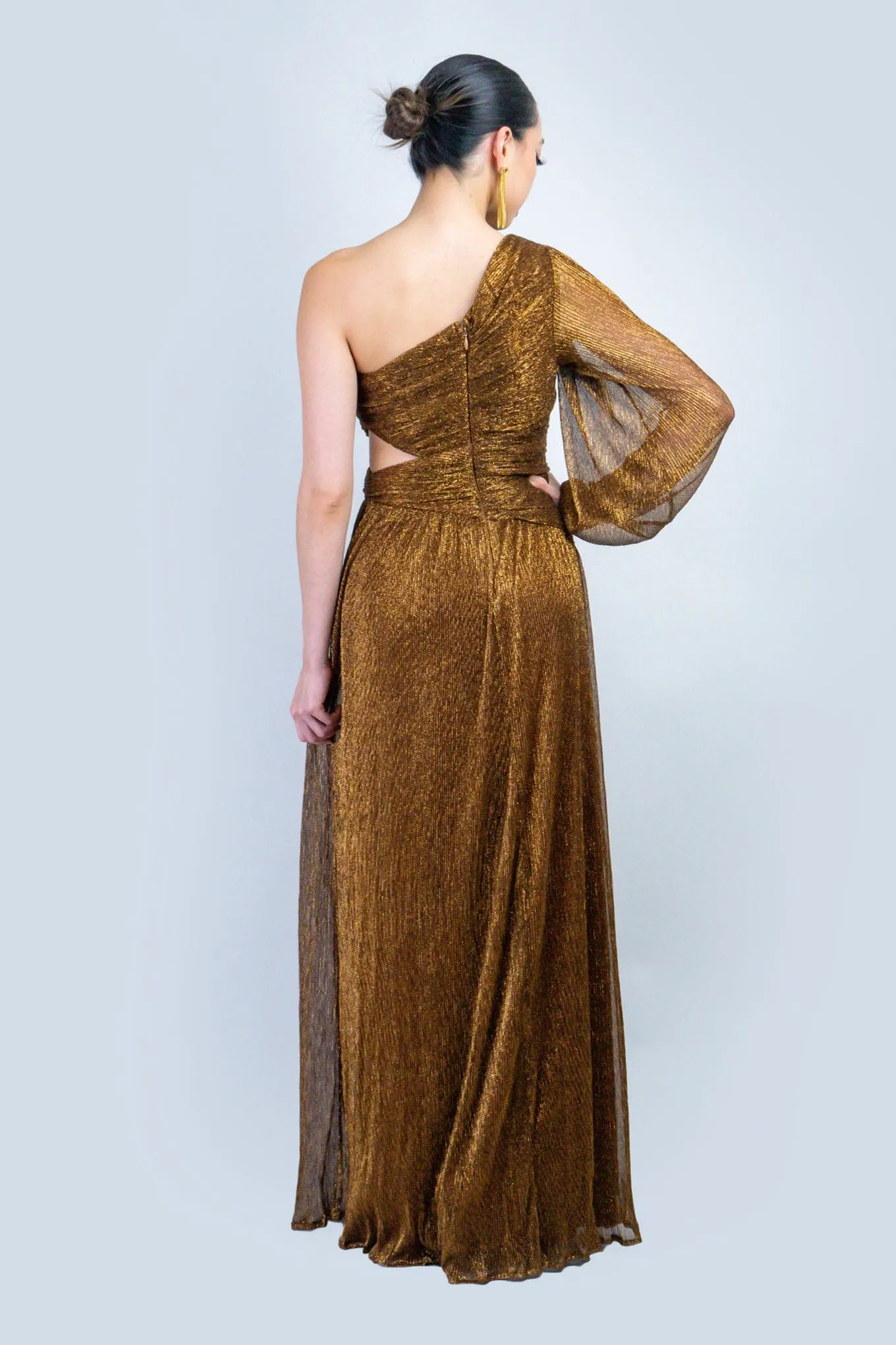 Bronze Lurex Asymmetric Cut Out Gown