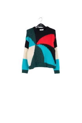 Dark green, blue and red intarsia-knitted sweater