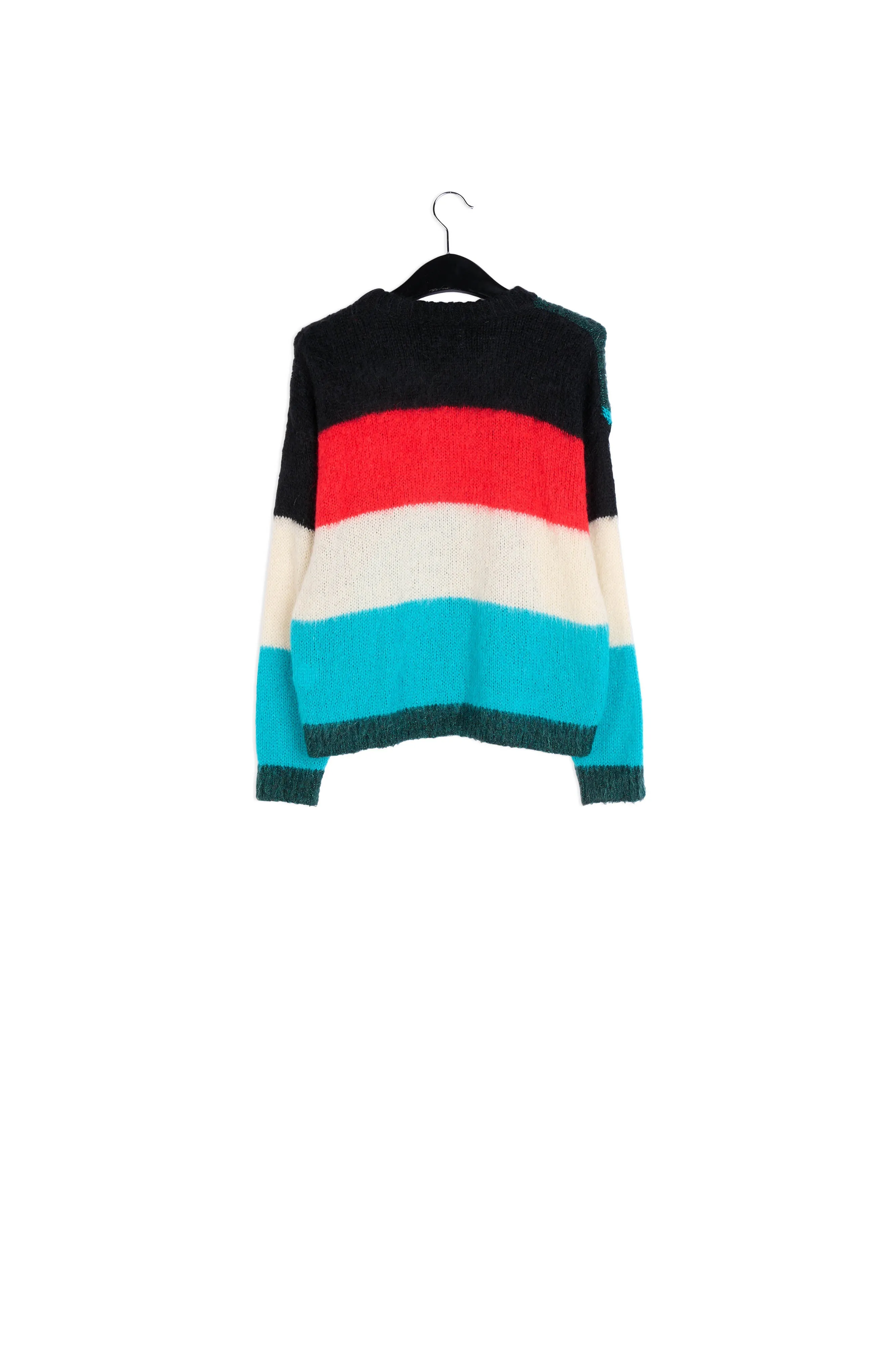 Dark green, blue and red intarsia-knitted sweater